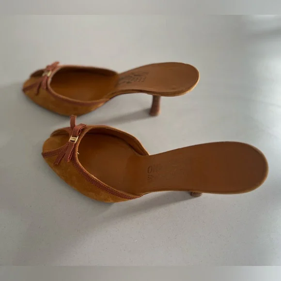Salvatore Ferragamo Brown Suede Bow Kitten Heel Backless Sandals - Picture 8 of 12